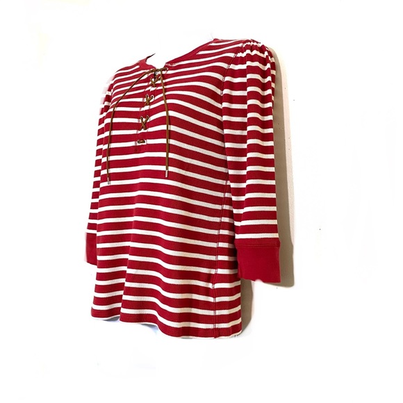 Lauren Ralph Lauren RED stripe 3/4 sleeve lace up front top waffle fabric size M - Picture 7 of 12